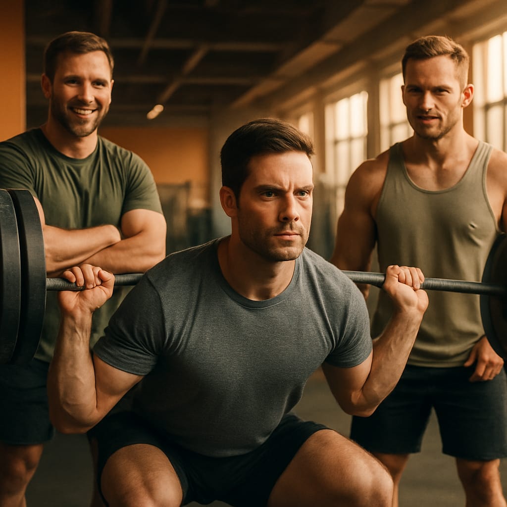 Comunidad de hombres entrenando juntos con determinación
