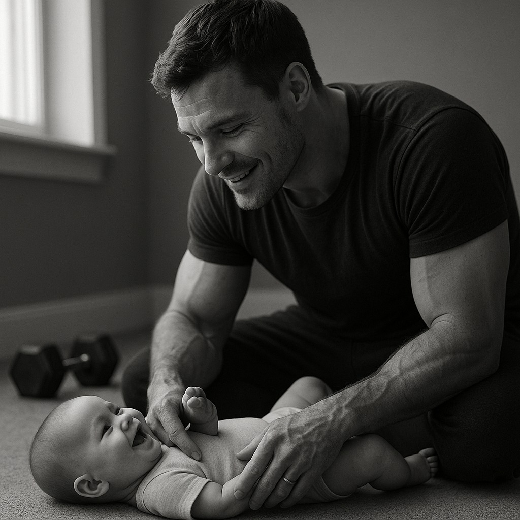 Padre fuerte y tierno jugando con su bebé en blanco y negro